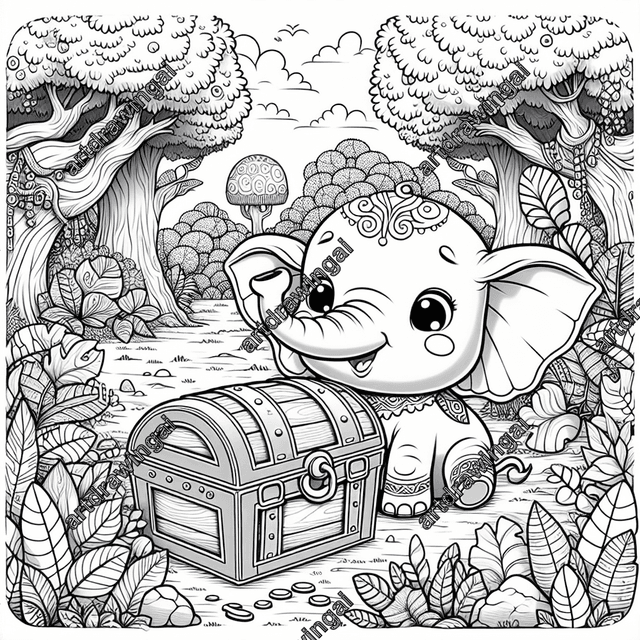 Cute cartoon elephant exploring a treasure chest in a whimsical fantasy forest, perfect for coloring activity with detailed line drawing and fairytale charm.