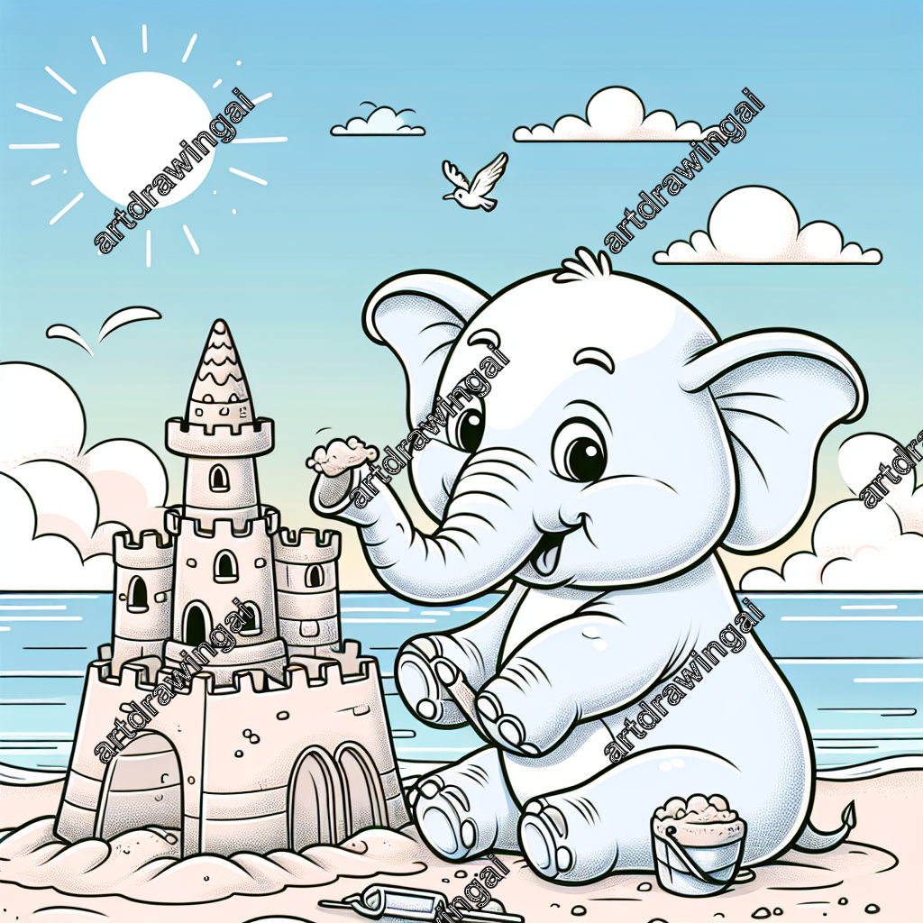 Cartoon-style elephant building a sandcastle on a sunny beach, featuring detailed towers, intricate windows, and a cheerful seagull perched above, with calm sea waves in the background. Perfect for a colorful illustration.