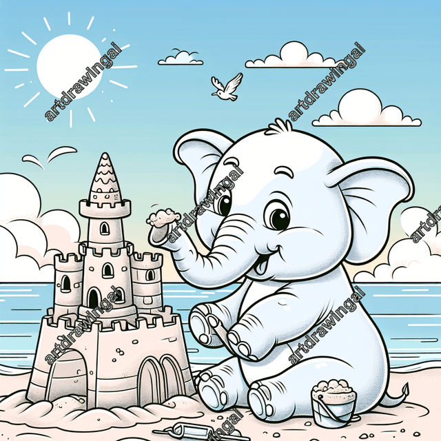 Cartoon-style elephant building a sandcastle on a sunny beach, featuring detailed towers, intricate windows, and a cheerful seagull perched above, with calm sea waves in the background. Perfect for a colorful illustration.