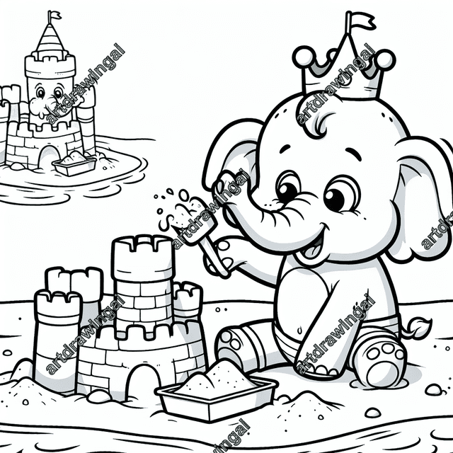 Cartoonish elephant building a sandcastle at the seashore, joyful scene in line art style, perfect for coloring activities.