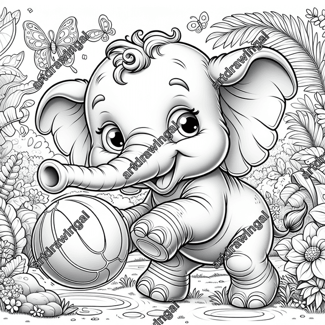 Cartoonish elephant playing with a ball in a magical garden, featuring expressive eyes, a friendly smile, and curvy ears, surrounded by blooming flowers, exotic plants, butterflies, and a babbling brook, designed for a coloring activity.