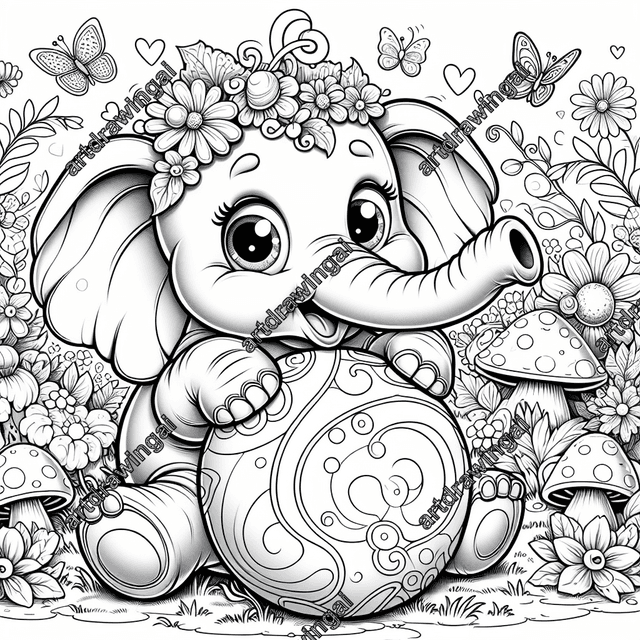 Whimsical line drawing of a cartoon-style elephant with large eyes and oversized ears, joyfully playing with a round ball in a fantastical garden filled with vibrant flowers, oversized mushrooms, and butterflies, perfect for children's coloring activities.