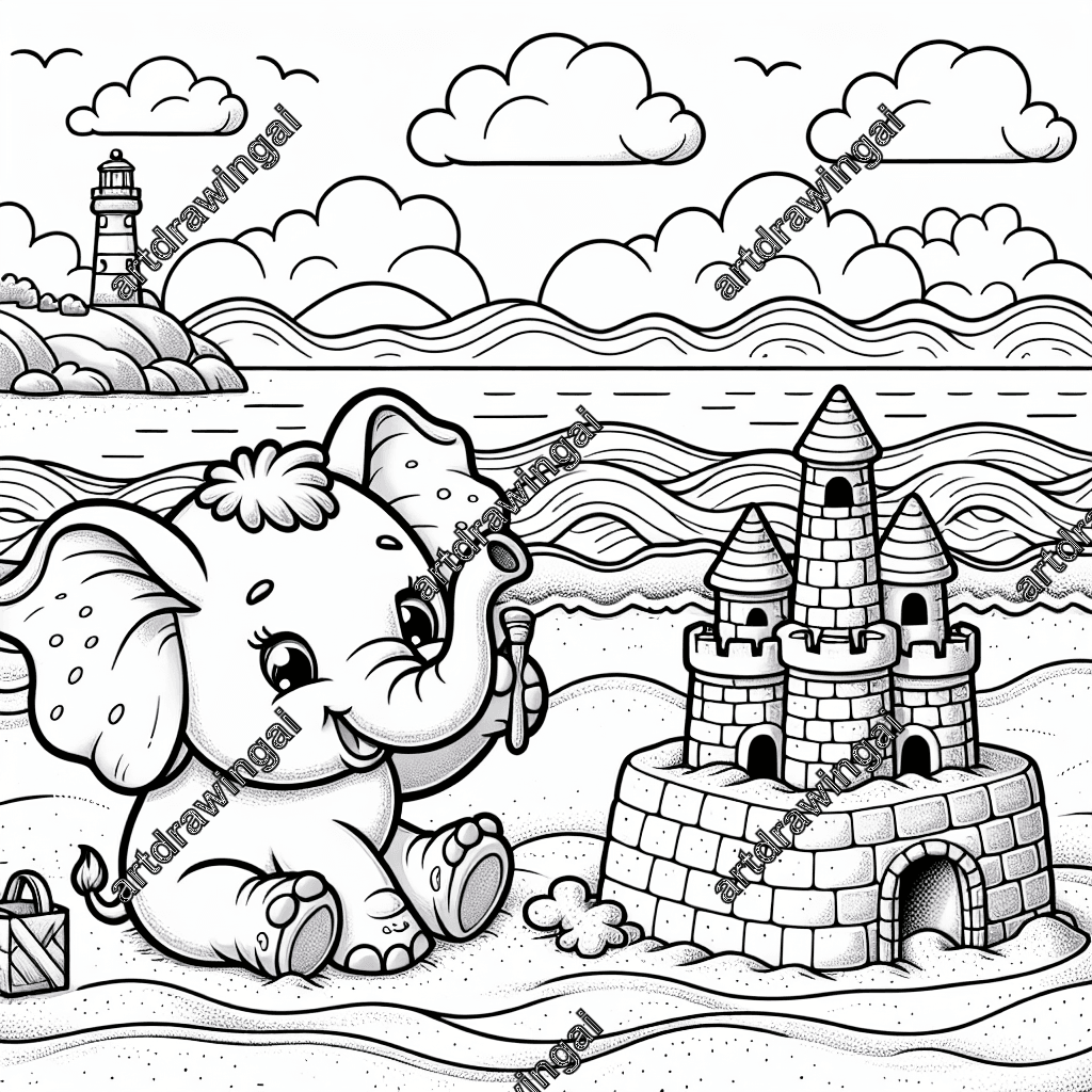 Cute cartoon elephant building a grand sandcastle on a sandy beach, with detailed textures of sand, skin, and ocean waves, featuring a distant lighthouse and a clear blue sky, perfect for coloring.