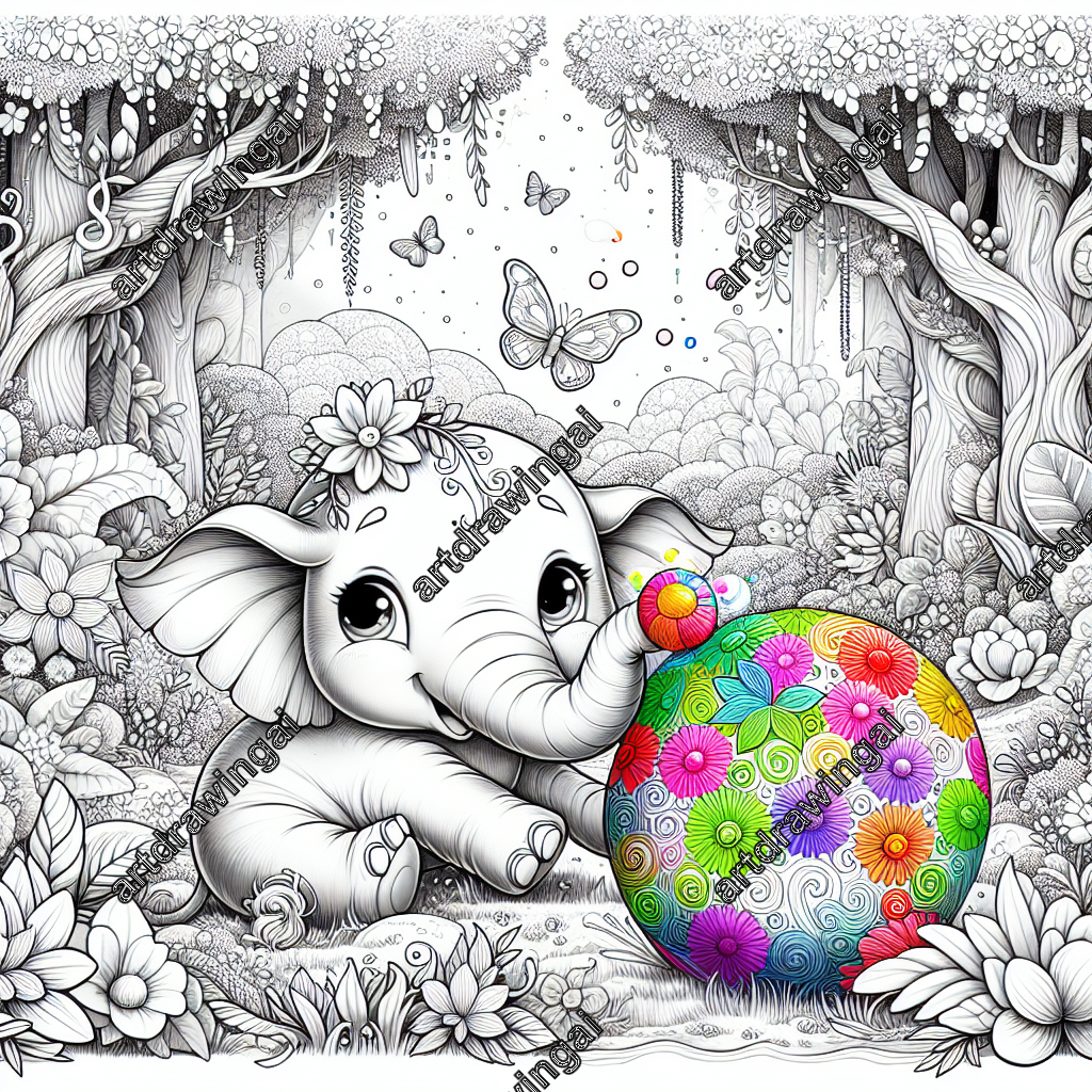 Cartoon-style elephant playing with a colorful ball in a whimsical garden filled with flowers, trees, butterflies, and glowing orbs, suitable for coloring activities.