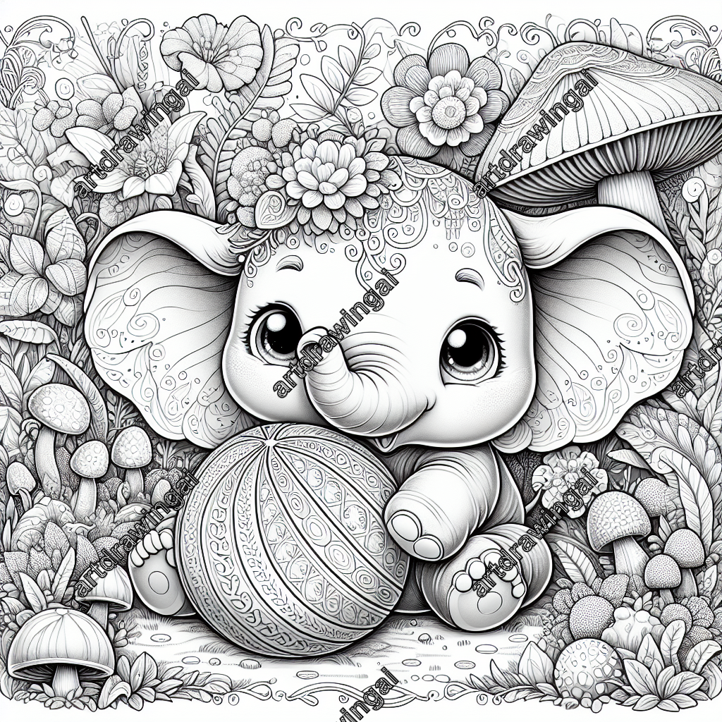 Cute cartoon elephant playing with a ball in a magical garden filled with whimsical flowers, giant mushrooms, and twisting vines, designed for coloring fun.