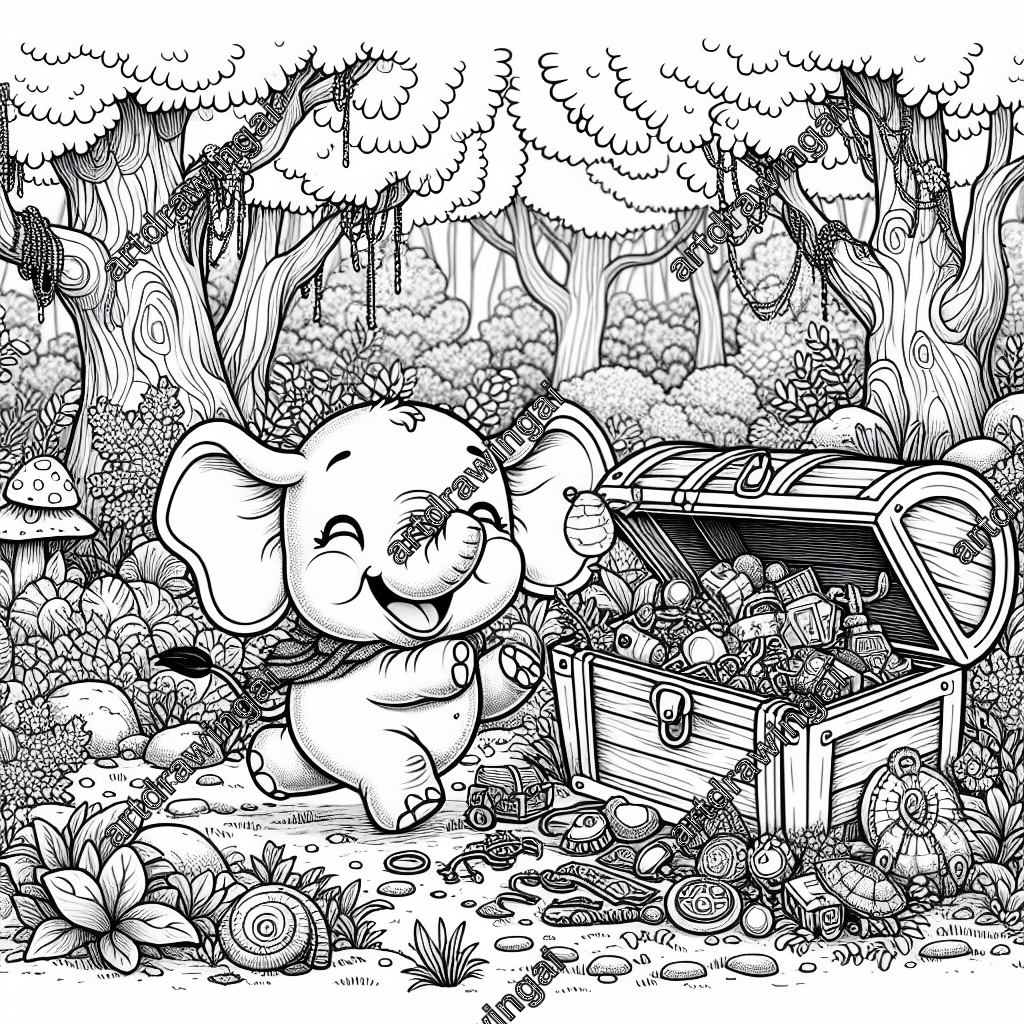 Cartoon-style elephant in a whimsical forest discovering a treasure chest filled with trinkets, surrounded by unique flora and trees; ideal for coloring.