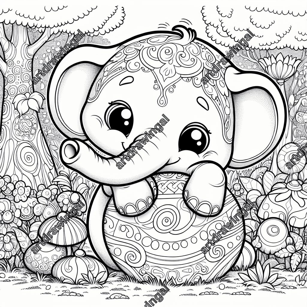 Cute cartoon elephant playing with a ball in a magical garden, surrounded by whimsical plants, lively flowers, and intricate tree trunk patterns, perfect for coloring.