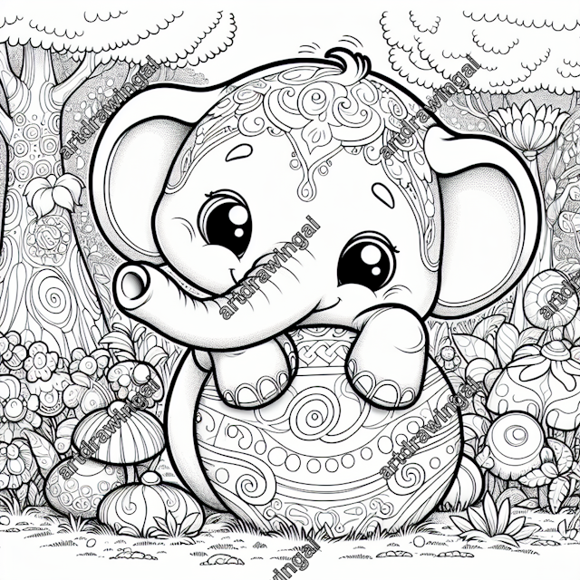 Cute cartoon elephant playing with a ball in a magical garden, surrounded by whimsical plants, lively flowers, and intricate tree trunk patterns, perfect for coloring.