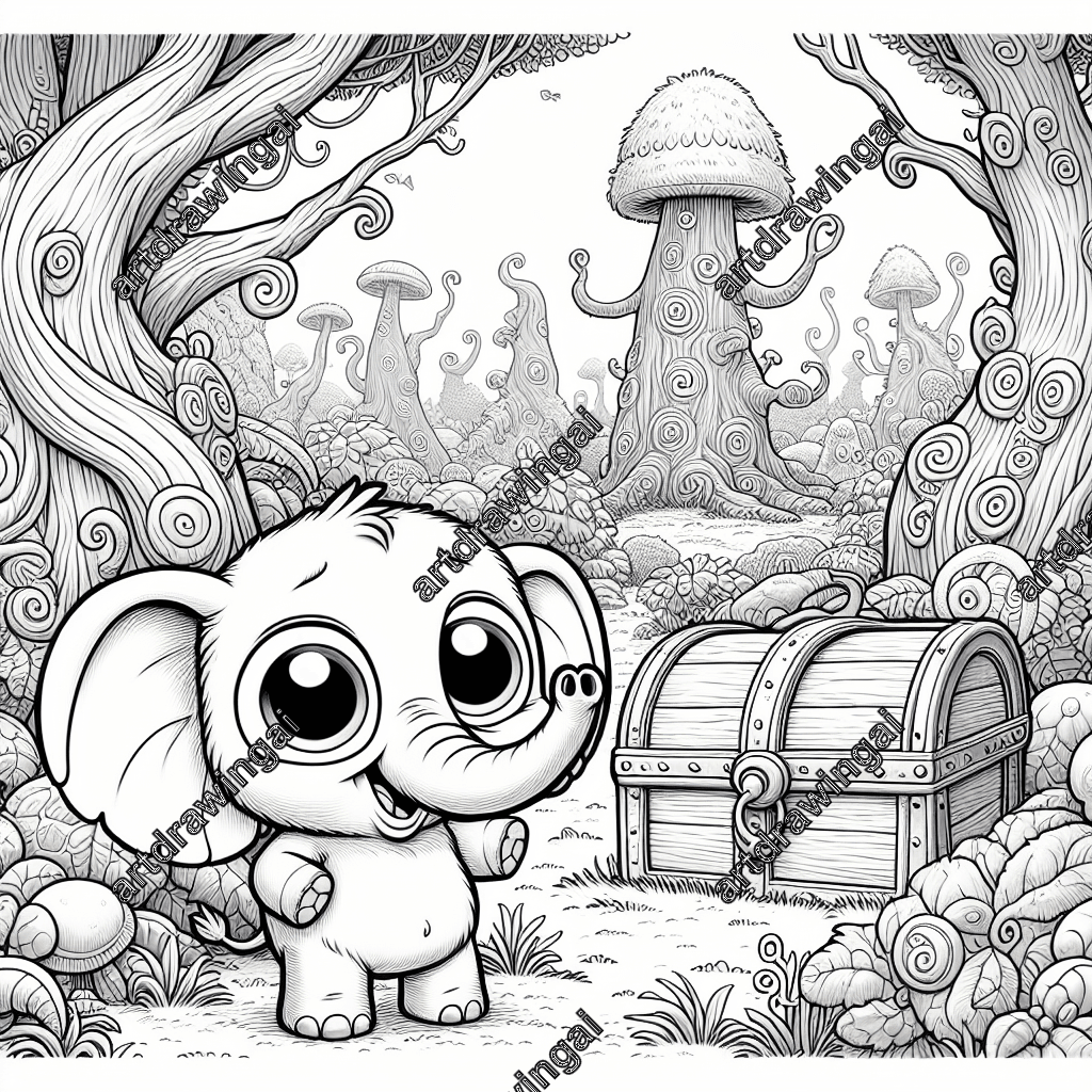 Charming cartoon elephant with big eyes and a joyful trunk in a whimsical forest, discovering a treasure chest; line drawing with soft outlines and intricate textures for a coloring book.