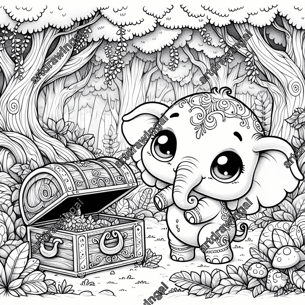 Cute cartoon elephant with big eyes exploring a treasure chest in a whimsical forest full of quirky plants, oversized mushrooms, and flowering vines, perfect for coloring and inviting exploration.