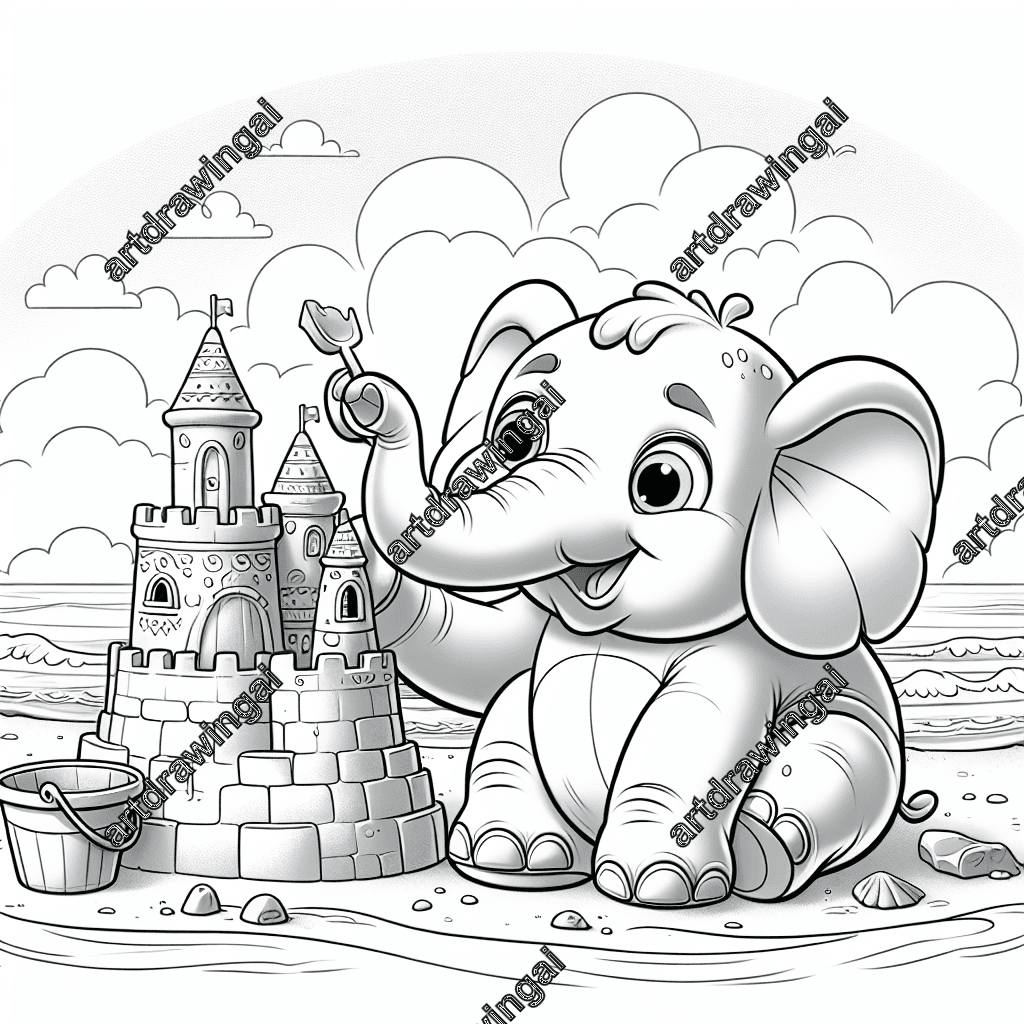 Cartoon elephant sculptor building an intricate sandcastle on a beach, with rounded ears, a curved trunk, bucket, and shovel nearby, gentle waves and fluffy clouds in the background, line drawing style suitable for coloring.