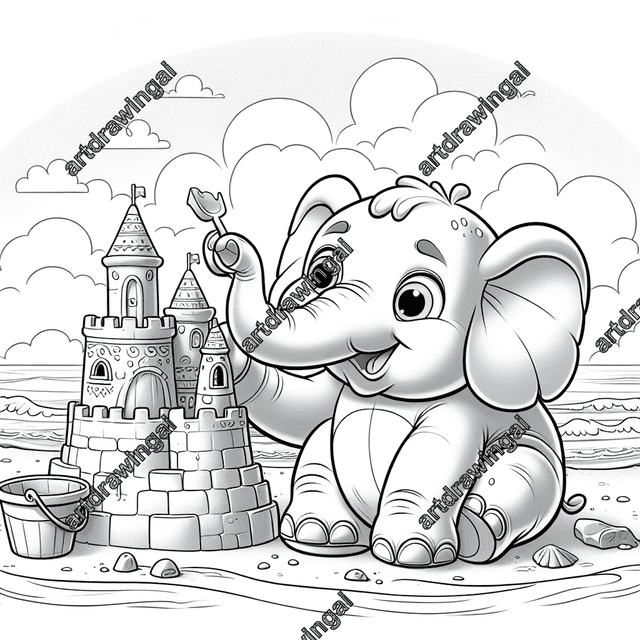 Cartoon elephant sculptor building an intricate sandcastle on a beach, with rounded ears, a curved trunk, bucket, and shovel nearby, gentle waves and fluffy clouds in the background, line drawing style suitable for coloring.