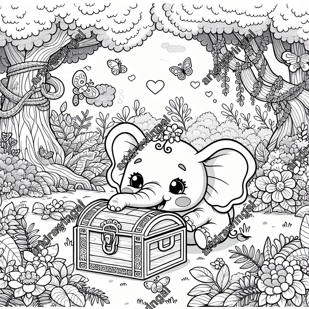 Cartoon-style elephant exploring a treasure chest in a whimsical forest, surrounded by towering trees, winding vines, blooming flowers, and fluttering butterflies, suitable for coloring.