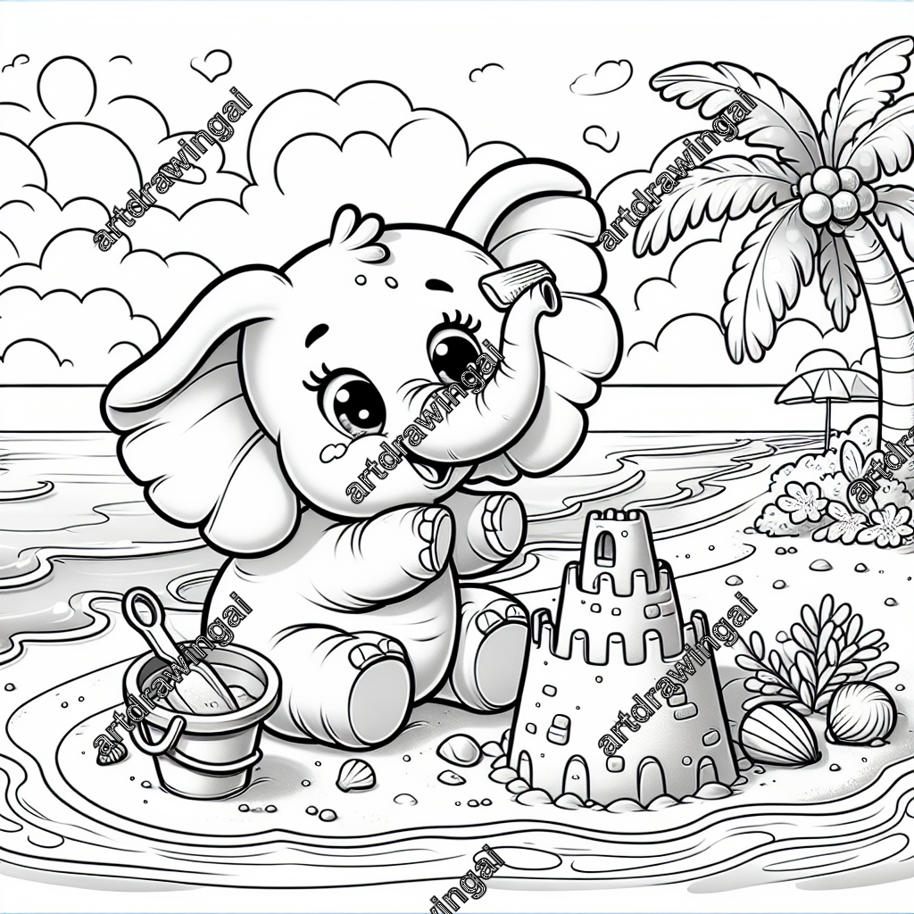 Playful cartoon elephant building a sandcastle at a sunny beach, featuring ocean waves, a palm tree with coconuts, and colorful seashells. Perfect for children's art projects or beach-themed illustrations.