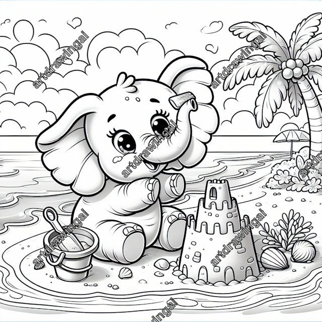 Playful cartoon elephant building a sandcastle at a sunny beach, featuring ocean waves, a palm tree with coconuts, and colorful seashells. Perfect for children's art projects or beach-themed illustrations.