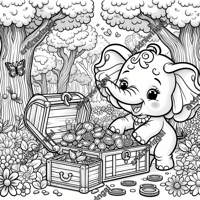 Whimsical line drawing of a curious elephant exploring an open treasure chest filled with gemstones and gold coins, set in a vibrant forest with tall trees, blooming flowers, and dancing butterflies, perfect for children's coloring activities.