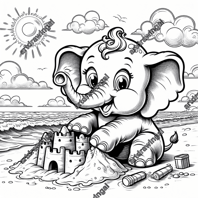 Cartoon elephant building a sandcastle on a sunny beach, with ocean waves and a clear sky, ideal for coloring.