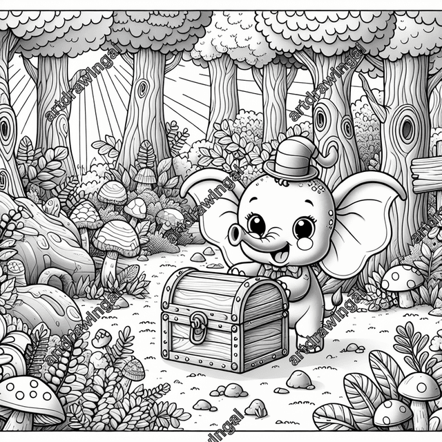 Cute cartoon elephant with large ears and a long trunk exploring a wooden treasure chest in a whimsical, detailed forest with odd-shaped trees, colorful mushrooms, and playful ferns. Sun rays filter through foliage, illuminating the ground, with wooden signs pointing to different paths. Perfect for coloring activities.