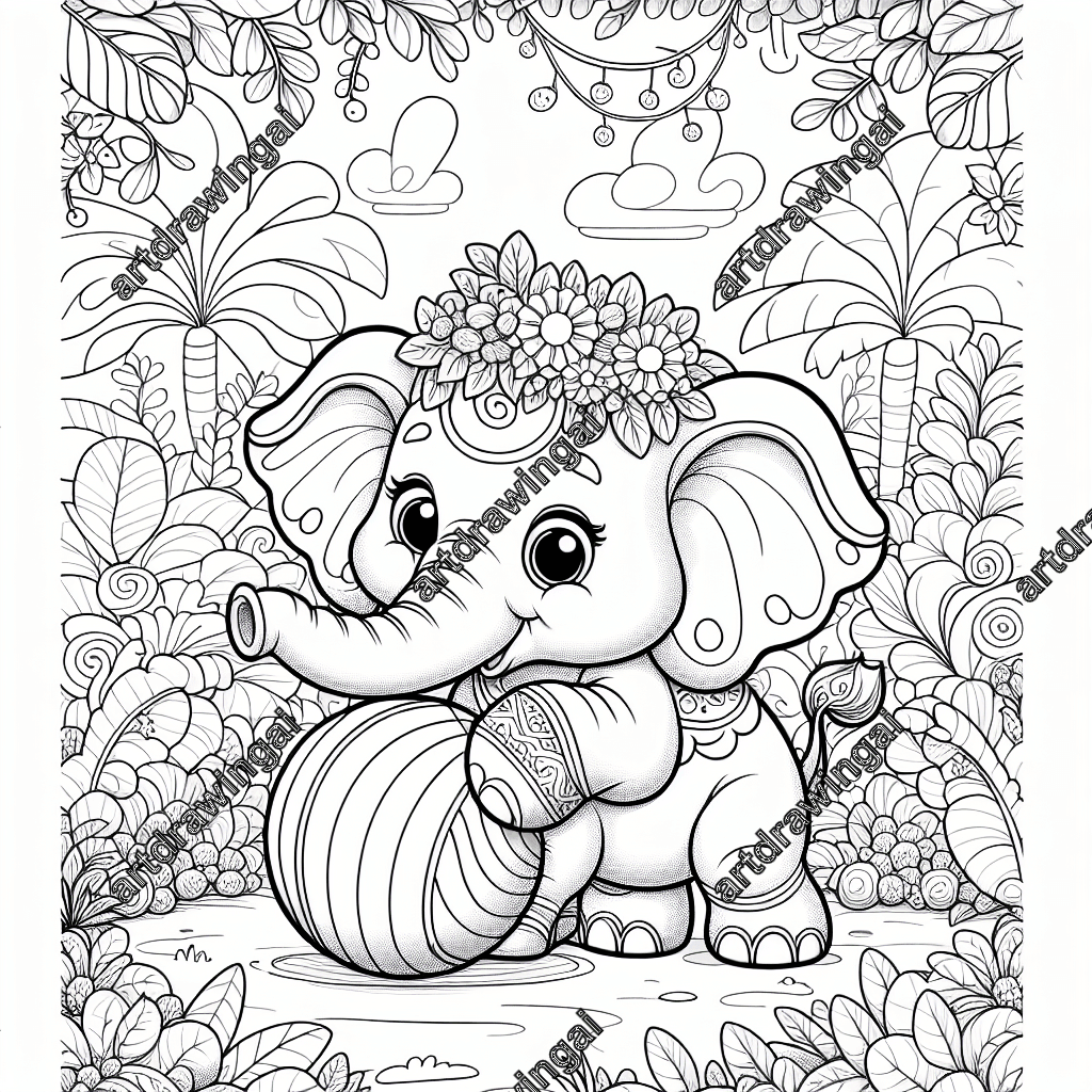 Charming cartoon-style line drawing of an adorable elephant playing with a ball in a magical garden filled with diverse flora, perfect for coloring with clear outlines and spacious design.