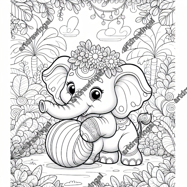 Charming cartoon-style line drawing of an adorable elephant playing with a ball in a magical garden filled with diverse flora, perfect for coloring with clear outlines and spacious design.