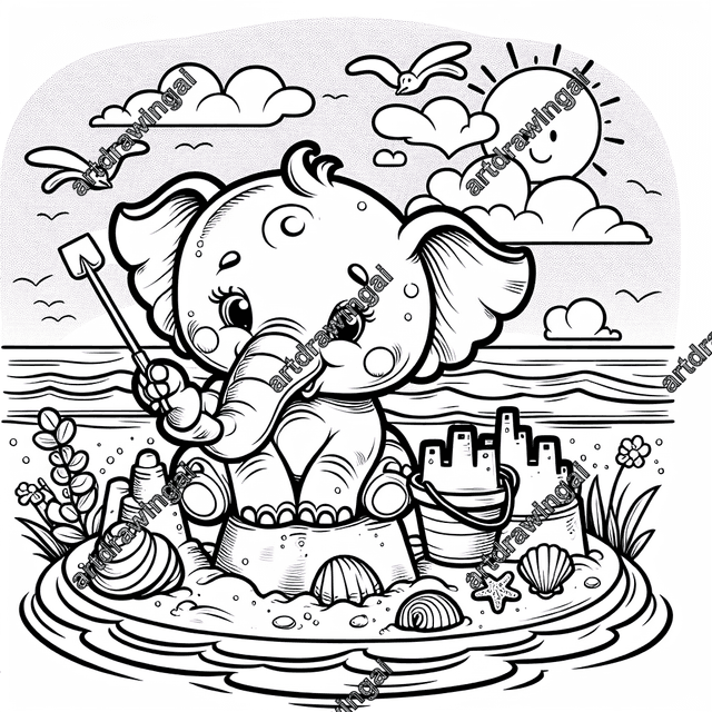 Cute cartoon elephant building a sandcastle on a lively beach, surrounded by seashells, waves, and seagulls, with a bright sun above. Fun illustration designed for coloring.