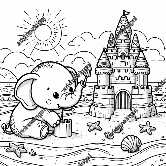 playful cartoon elephant building a sandcastle on the beach, detailed line drawing for coloring, featuring large sandcastle with turrets, rolling waves in background, radiant sun overhead, and scattered seashells and starfish on sandy beach