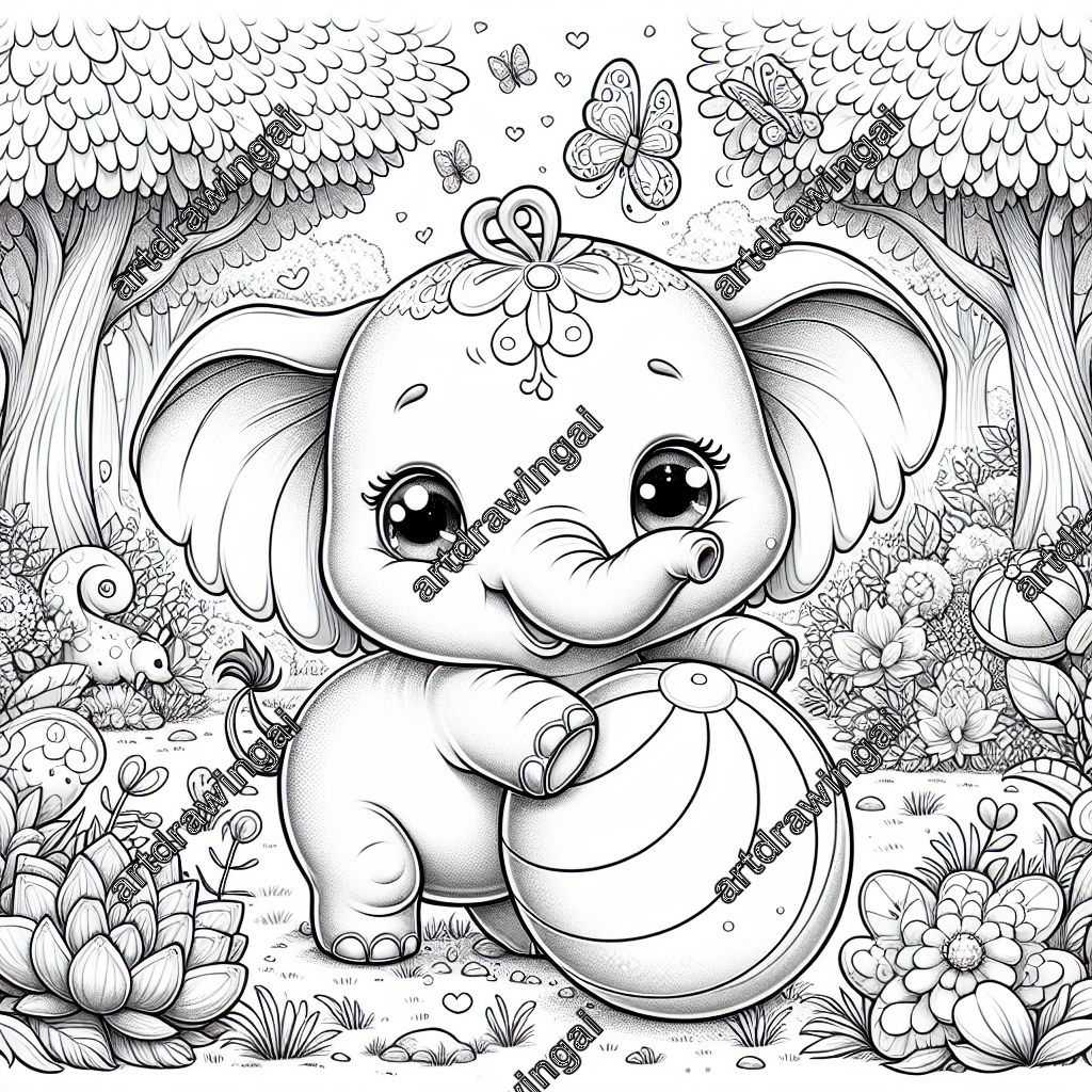 Charming cartoon elephant playing joyfully with a large ball in a magical garden, surrounded by vibrant flowers, swaying trees, and whimsical creatures, perfect for coloring activities.