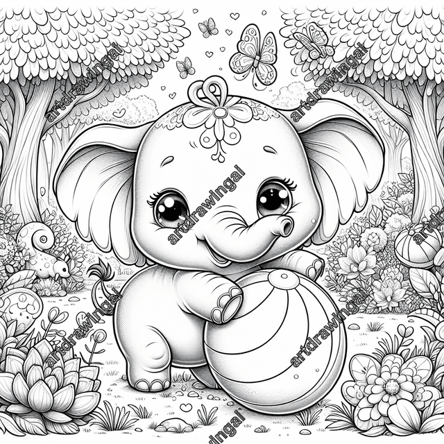 Charming cartoon elephant playing joyfully with a large ball in a magical garden, surrounded by vibrant flowers, swaying trees, and whimsical creatures, perfect for coloring activities.