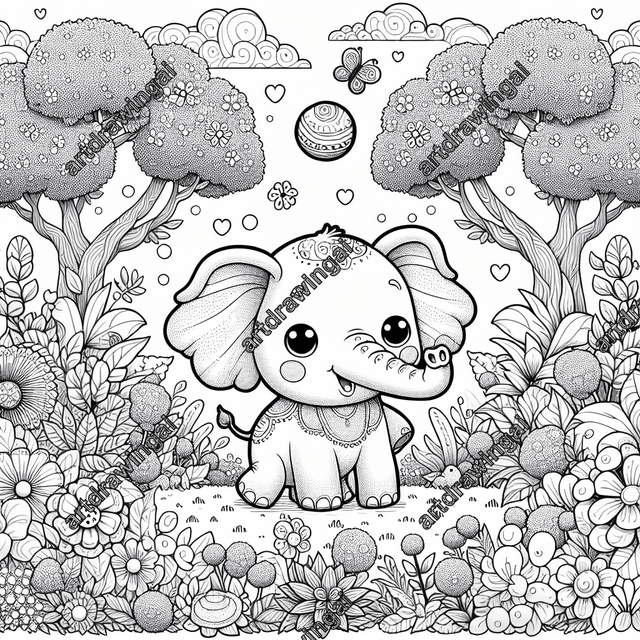 Charming cartoon elephant playing with a ball in a magical garden, surrounded by whimsical trees, cute insects, and glowing flowers, designed for children's coloring activities with ample spaces for coloring.