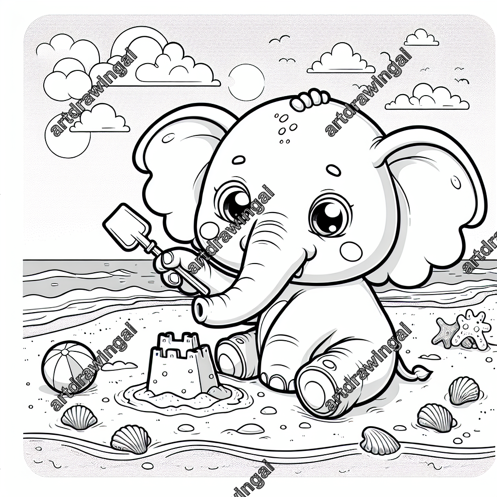 Playful cartoon elephant building a sandcastle at the beach, surrounded by seashells, footprints, and beach balls, ideal for coloring.