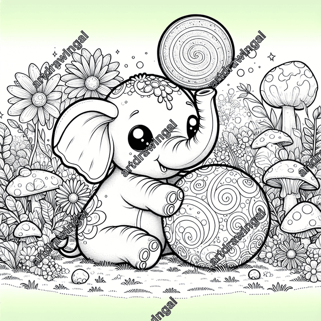 Cartoon-style elephant playing with a ball in a magical garden filled with glowing mushrooms and rainbow daisies, detailed line drawing for coloring.