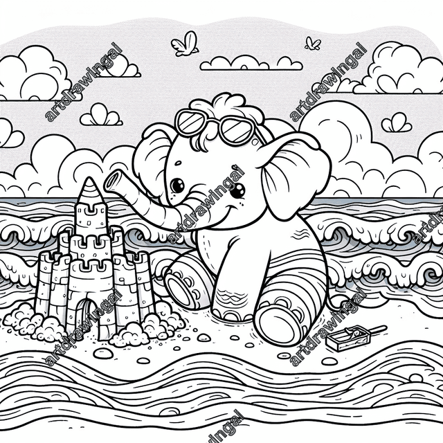 Cute cartoon elephant joyfully building a grand sandcastle at a beach, surrounded by waves and detailed beach elements, ideal for coloring and interactive art.