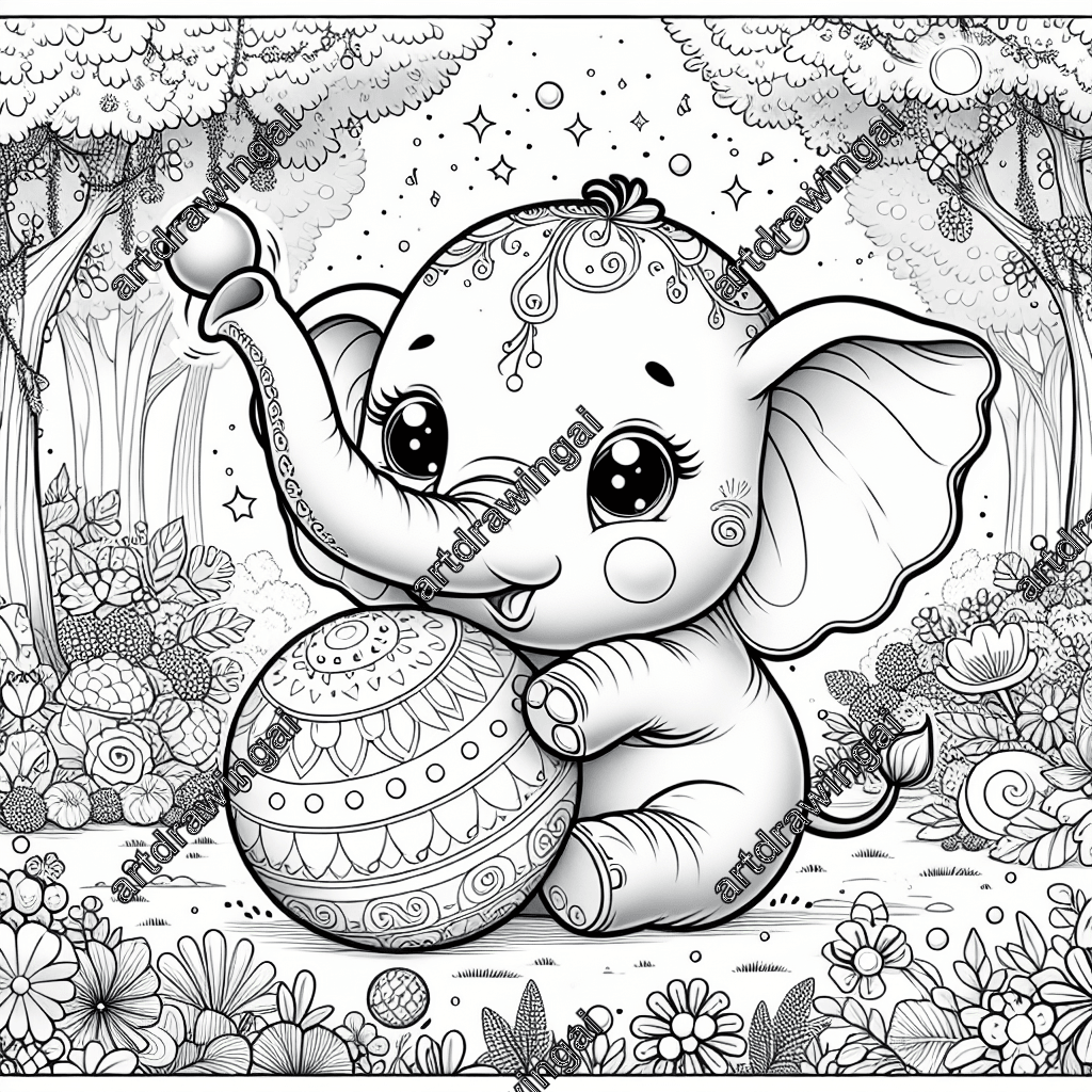 Intricate line drawing of a cartoon-style elephant playing with a large ball in an enchanting garden, featuring lush trees, blooming flowers, and pixie dust, perfect for coloring activities.