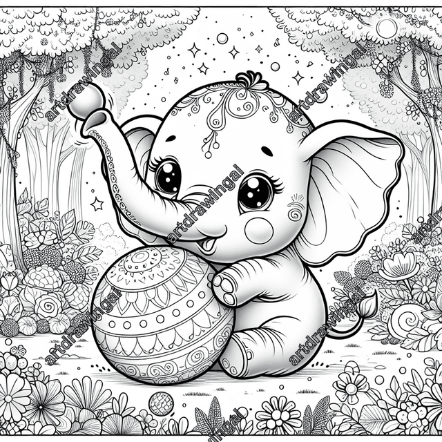 Intricate line drawing of a cartoon-style elephant playing with a large ball in an enchanting garden, featuring lush trees, blooming flowers, and pixie dust, perfect for coloring activities.