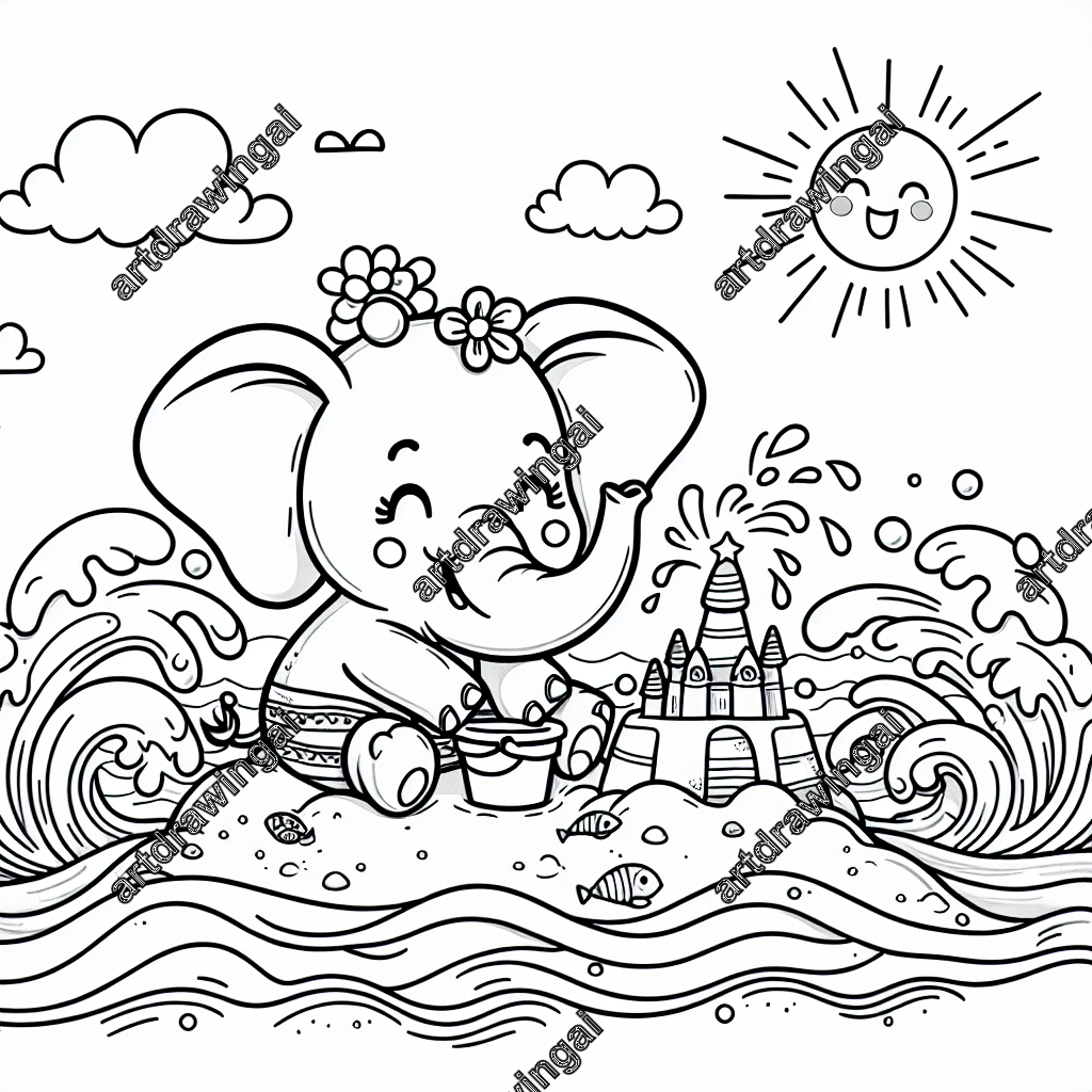 Cute cartoon elephant building a sandcastle at the beach, surrounded by splashing waves, sand dunes, and a bright sun on the horizon, line drawing for coloring activities.