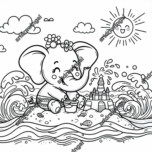 Cute cartoon elephant building a sandcastle at the beach, surrounded by splashing waves, sand dunes, and a bright sun on the horizon, line drawing for coloring activities.