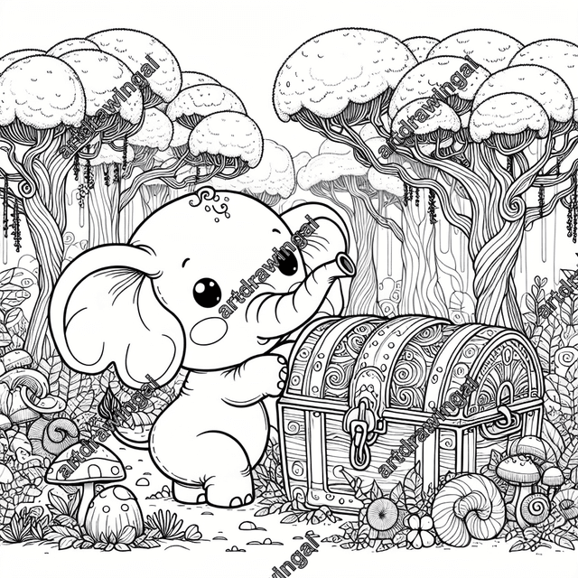 Cartoon-style elephant with round eyes and floppy ears opening a treasure chest in a whimsical forest filled with detailed trees, vines, flowers, and mysterious fungi, perfect for coloring.