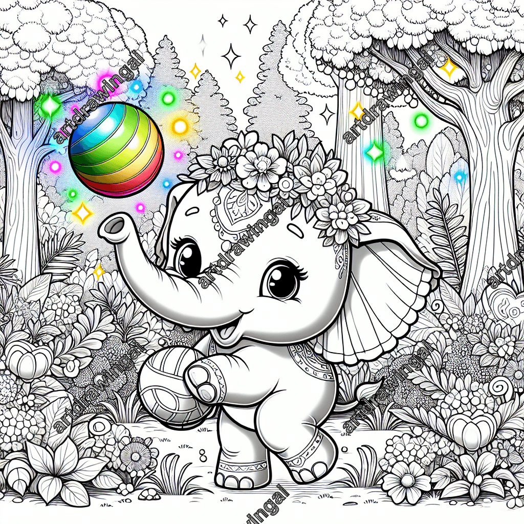 Cartoon-style line drawing of an adorable elephant playing with a colorful ball in a mystical garden filled with lush vegetation, tall trees, and blooming flowers, featuring sparkling and glowing elements for a whimsical coloring activity.