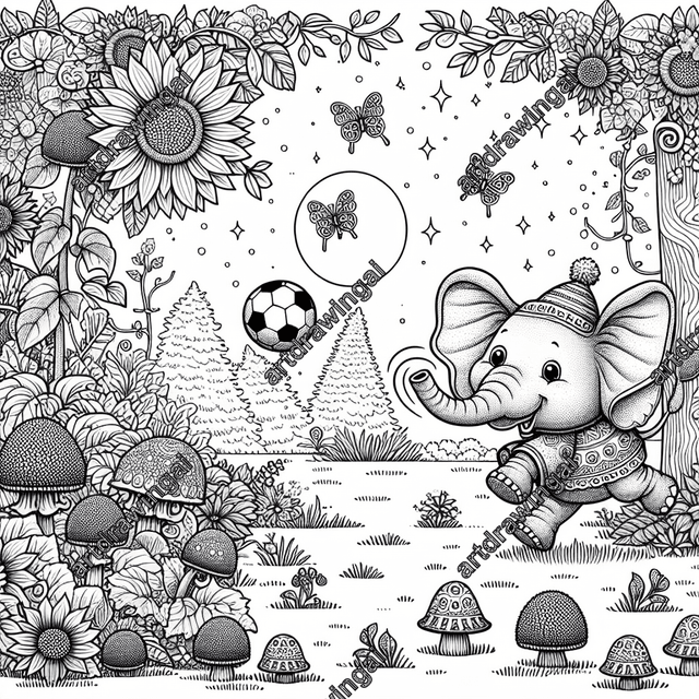 Cartoon-style elephant with oversized ears and long trunk playing with a ball in a magical garden filled with sunflowers, whimsical topiaries, enchanted mushrooms, and butterflies. The scene features a bubbling brook, fairy lights in trees, and sparkles, ideal for a detailed coloring activity.