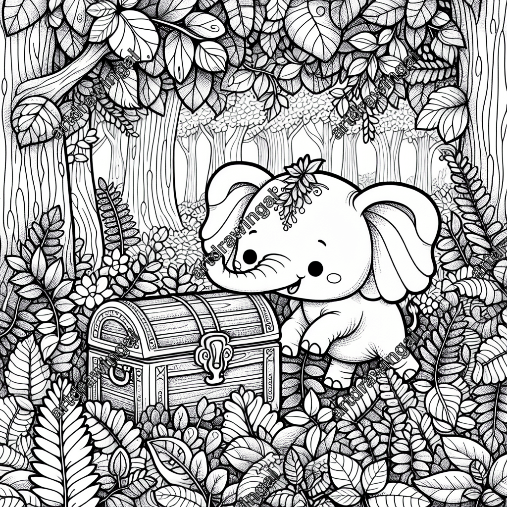 Charming cartoon-style elephant discovering an antique treasure chest in a whimsical forest, surrounded by intricate, detailed foliage perfect for coloring, evoking a sense of exploration and magic.