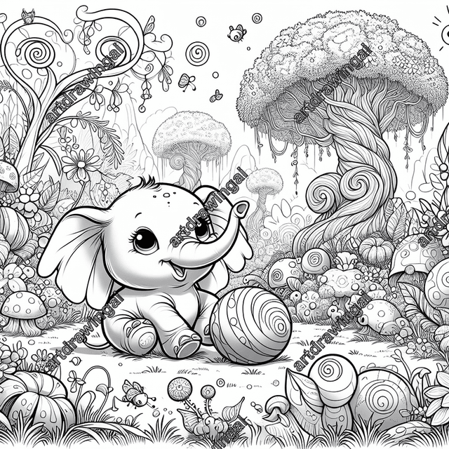 Charming cartoon-style elephant playfully interacting with a ball in a mystical garden, featuring whimsical flora, winding-faced trees, oversized spiral flowers, and a soft grassy carpet with glowing insects, all in detailed monochrome line art perfect for coloring.