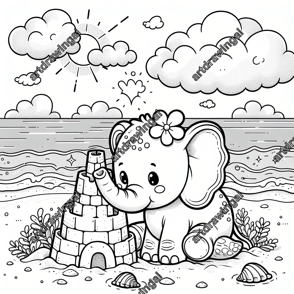 Playful cartoon elephant building a sandcastle on a beach, surrounded by seashells, sparkling ocean, fluffy clouds, and a bright sun; perfect for coloring activities.