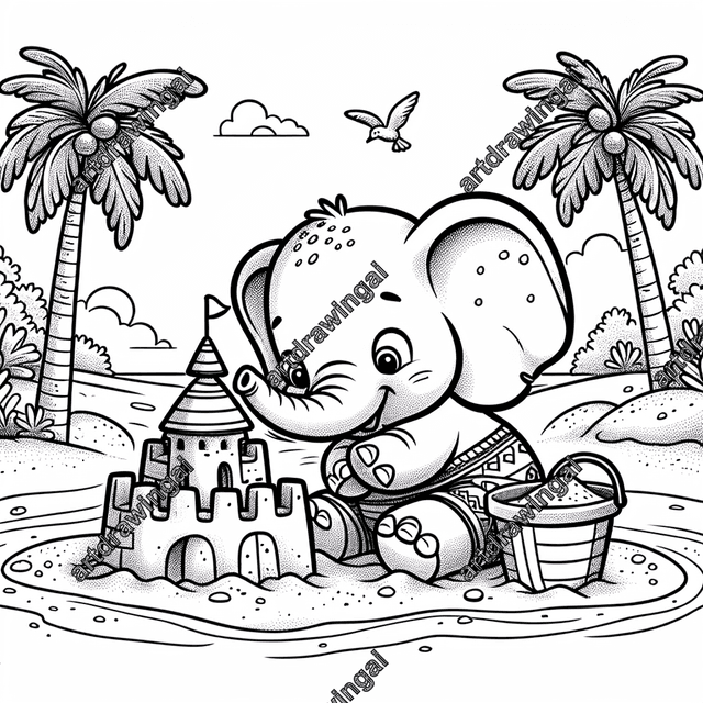 Cartoon elephant building a sandcastle on the beach, surrounded by palm trees and detailed seaside scenery, with a bucket and shovel, showcasing a fun, playful coloring scene.