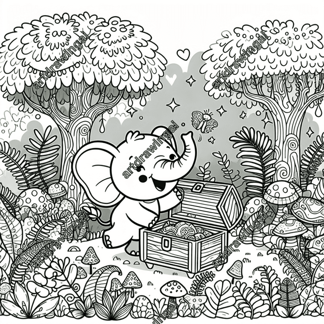 Cartoon-style elephant joyfully exploring a treasure chest in a whimsical forest filled with oversized trees, ferns, and mushrooms, perfect for coloring and capturing childhood magic.