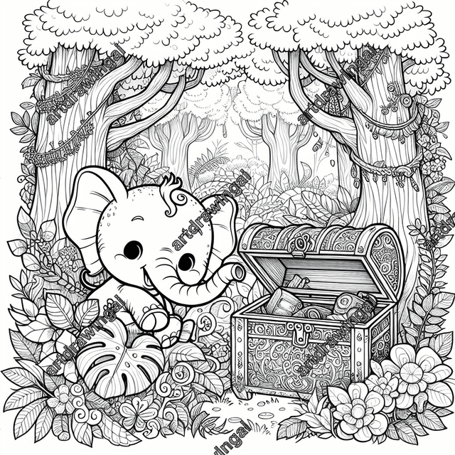 Cute elephant exploring an ornate treasure chest in a whimsical forest filled with trees, foliage, flowers, and vines; perfect line drawing for coloring fun for all ages.