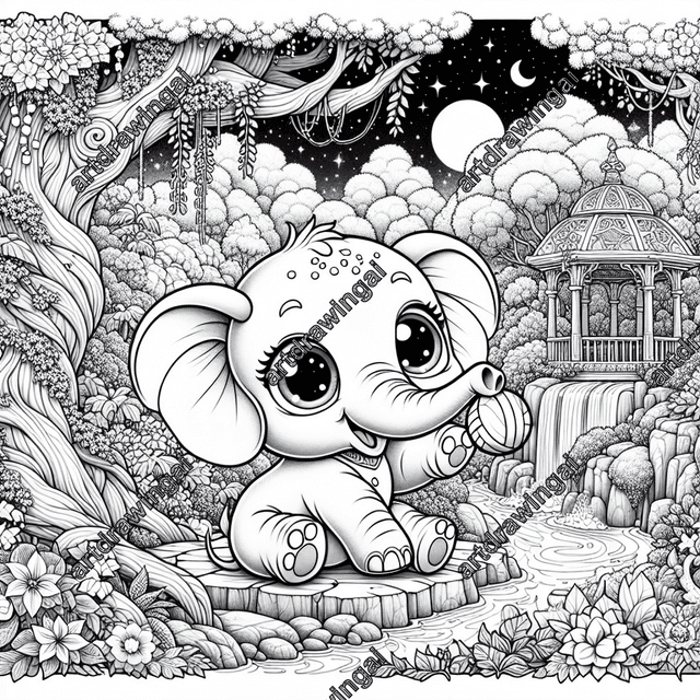 Intricate line drawing of a friendly cartoon elephant with expressive eyes playing with a ball, set in a magical garden filled with diverse trees and bright flowers, featuring a calming waterfall, an elfish gazebo, an ancient gnarled tree, ivy-covered walls, and twinkling fireflies, under a starry sky with a crescent moon, perfect for coloring.