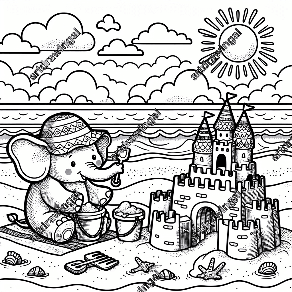 Cartoon elephant wearing a sun hat building a sandcastle on a sunny beach, with warm sand, a bucket and spade, rolling surf, and a bright sun in a clear sky, perfect for a fun coloring activity.