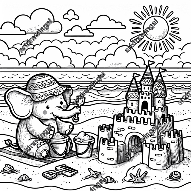 Cartoon elephant wearing a sun hat building a sandcastle on a sunny beach, with warm sand, a bucket and spade, rolling surf, and a bright sun in a clear sky, perfect for a fun coloring activity.