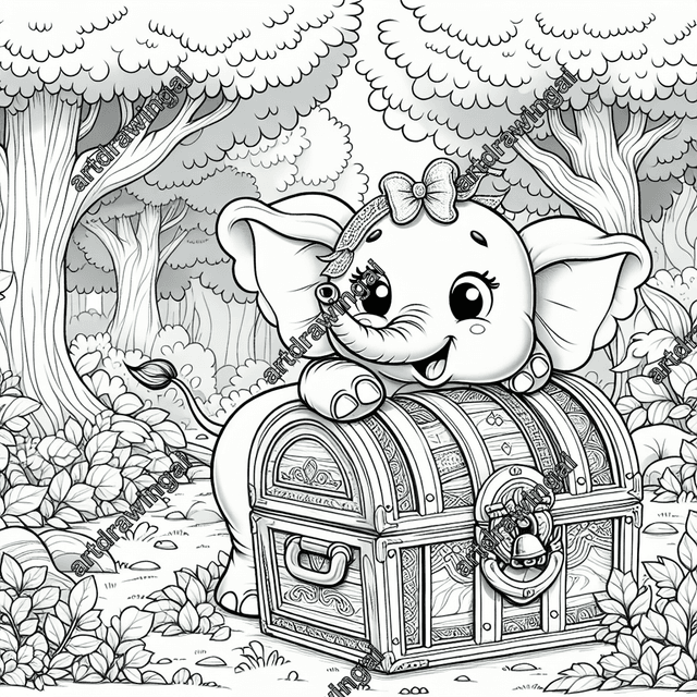 Cartoon-style elephant exploring a detailed treasure chest in a whimsical forest, surrounded by diverse trees and lush undergrowth, perfect for coloring.