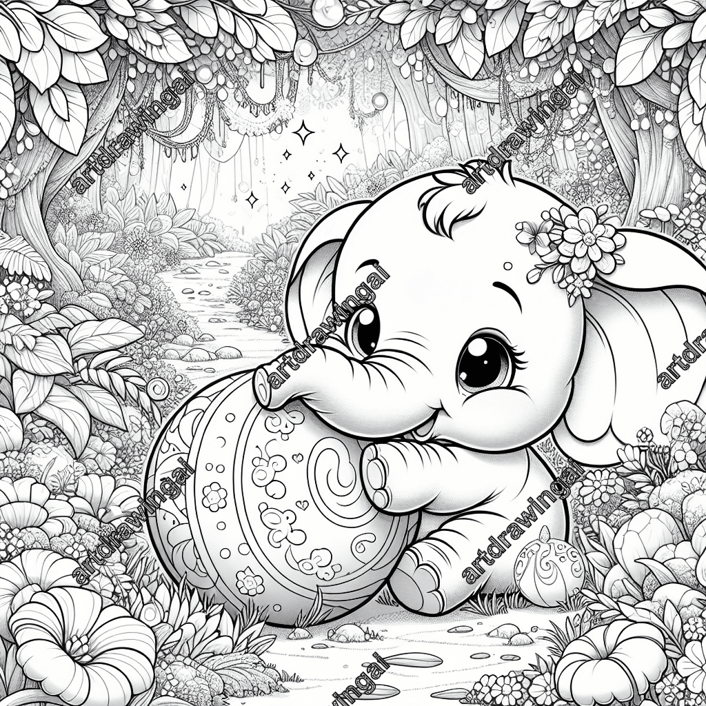 Cartoon-style elephant playing with a large ball in a magical garden filled with lush plants and colorful flowers, featuring intricate line art for coloring.